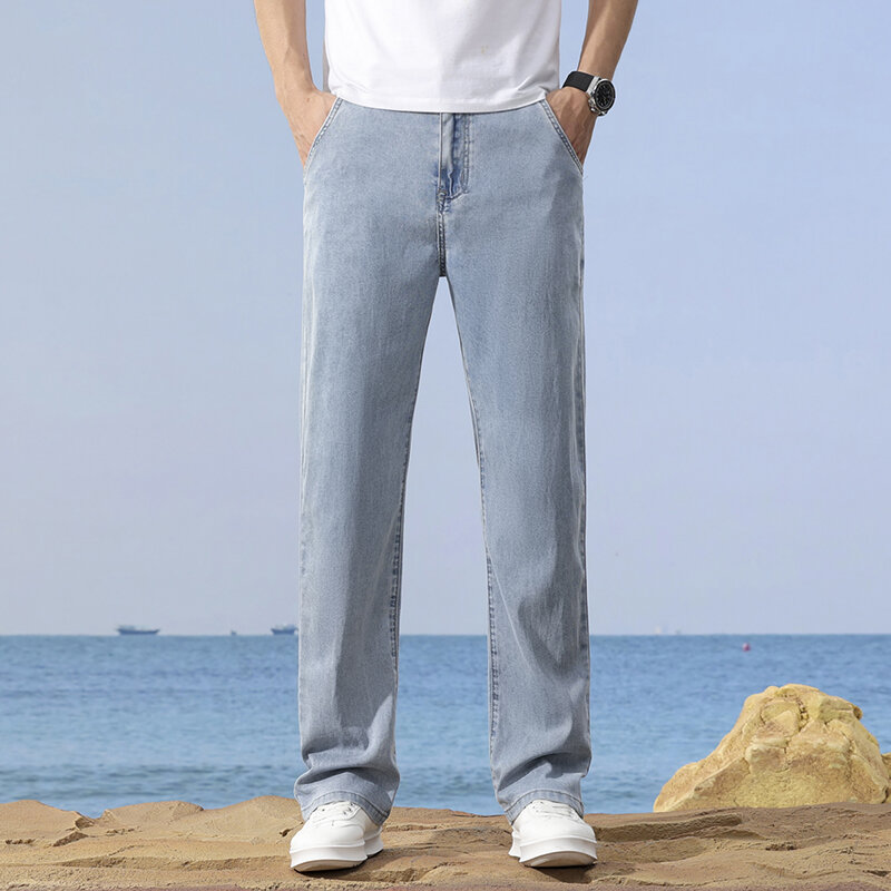 2024 Summer Ultra-Thin Men's Loose Jeans Fashionable Business Casual Ice Silk Baggy Fit Straight Smoke Gray Trousers 40 42
