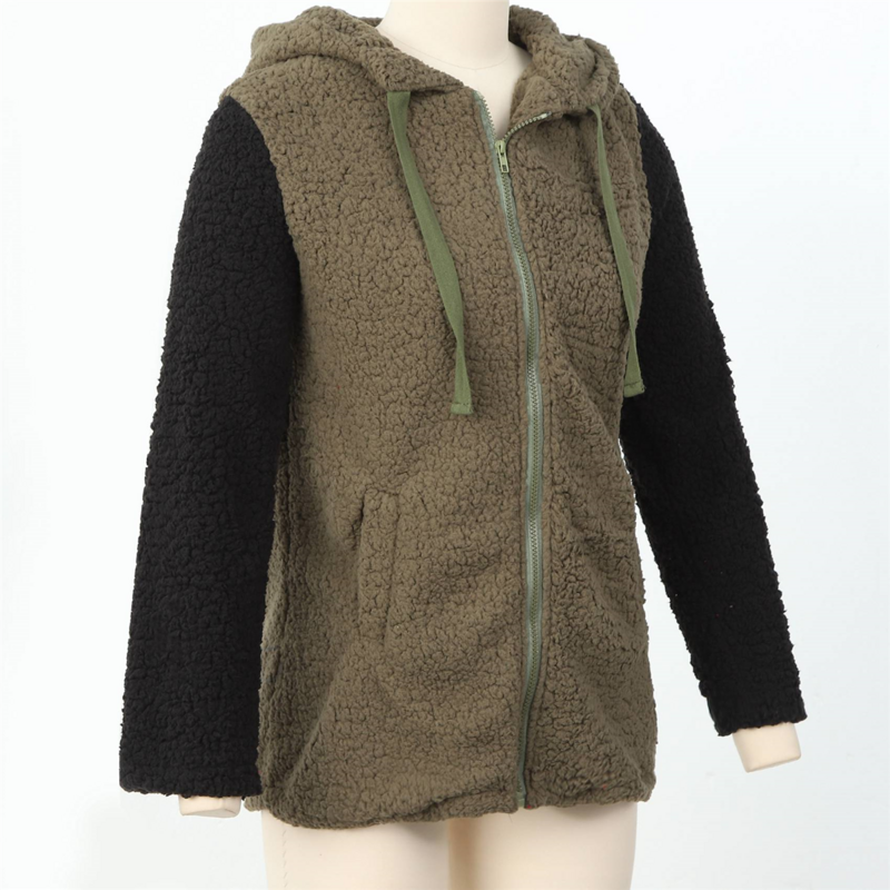 Damen lässig Mantel Mode lose Farbe Blocking Hut verdickt Fleece Haar Ausschnitt Taschen jacke, m Army green