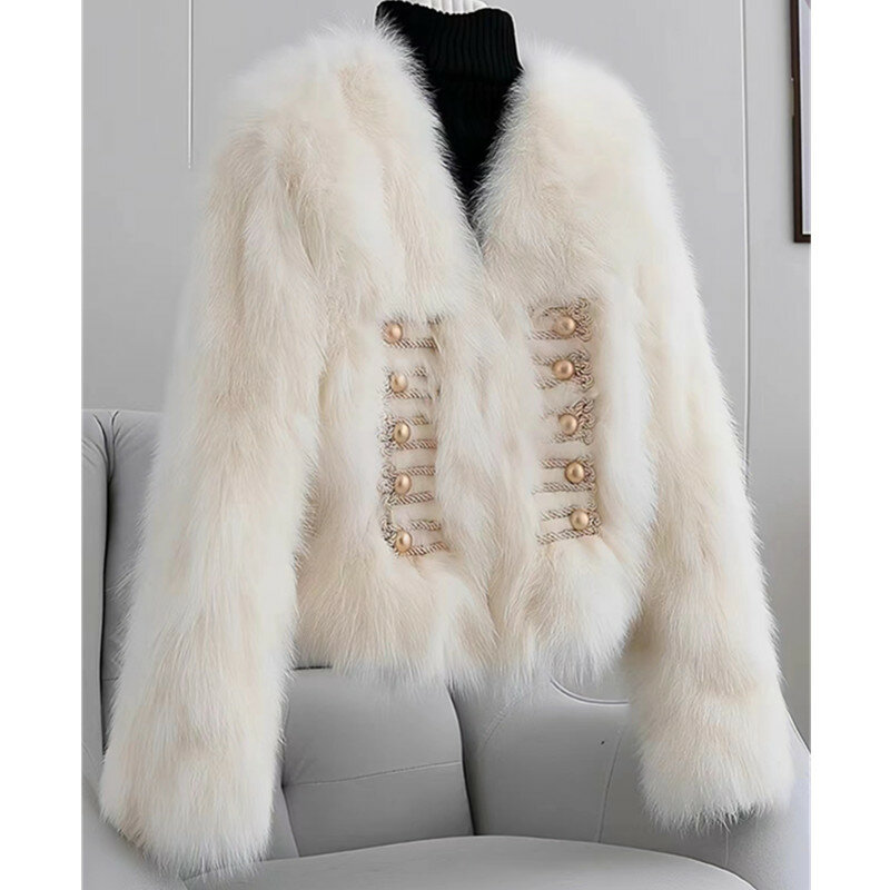 Faux  Fur Coat for Women, Covered Button V-Neck Short Jacket,England Style , High Quality, Autumn and Winter,2024
