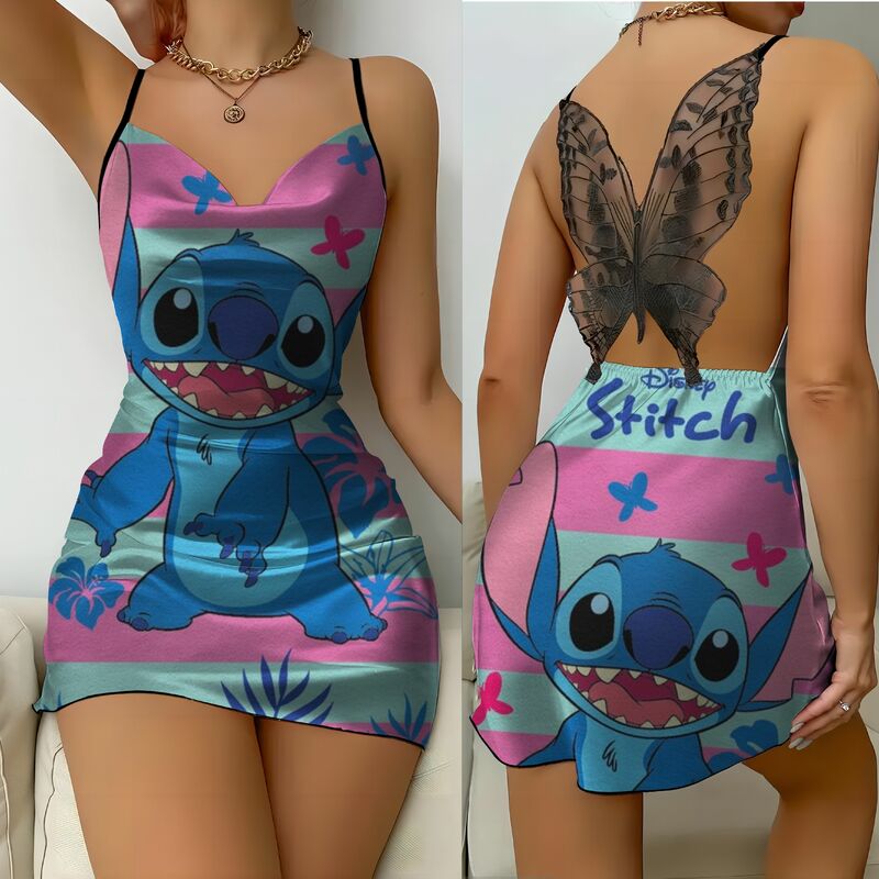 Disney-Feminino Stitch Vestidos Sexy Superfície de Cetim, Vestido Sem Costas, Nó Arco Saia Pijama, Mini Renda, Summer Party, Fashion, 2024