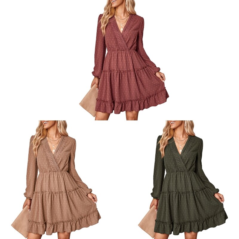 Mini robe trapèze pour femmes, tunique courte, à volants, couleur unie, ample, manches longues, col en V profond, pour t-shirt,