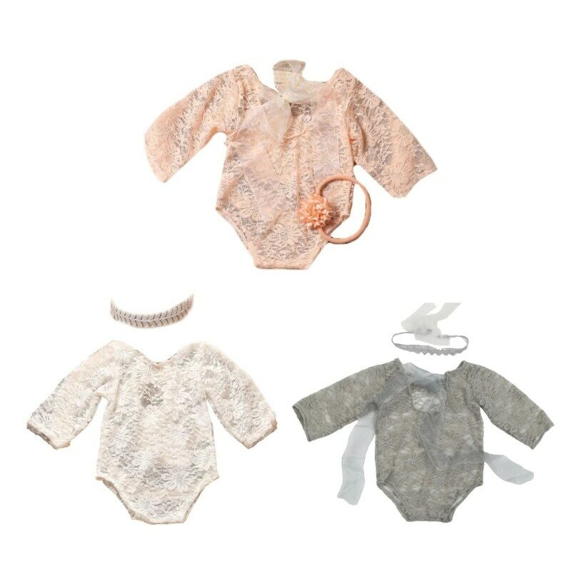 Pasgeboren baby fotoshoot kostuum kanten romper met hoofddeksels fotografie prop outfit babykleding set gebruikt voor 0-1 maand