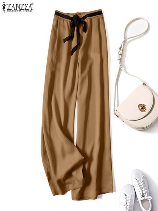 ZANZEA celana panjang wanita, Bawahan kasual warna polos pinggang tinggi bertali kasual longgar musim panas 2024