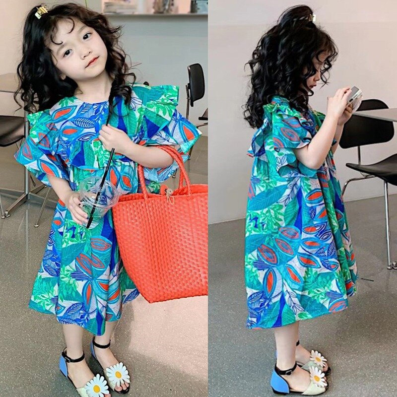 子供の花柄プリントドレス、女の子のデザイン、夏のファッション、韓国スタイル、フリルの服