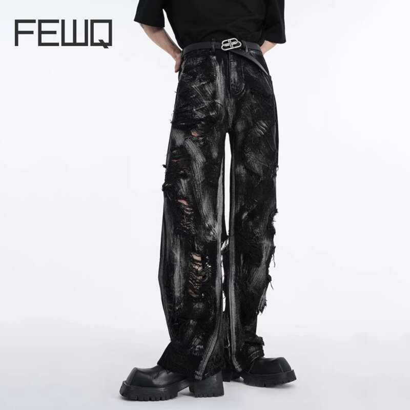 FEWQ-Jeans Graffiti de perna reta masculino, jeans de verão, calça de rua alta, novo buraco da moda, 24X9057, 2024