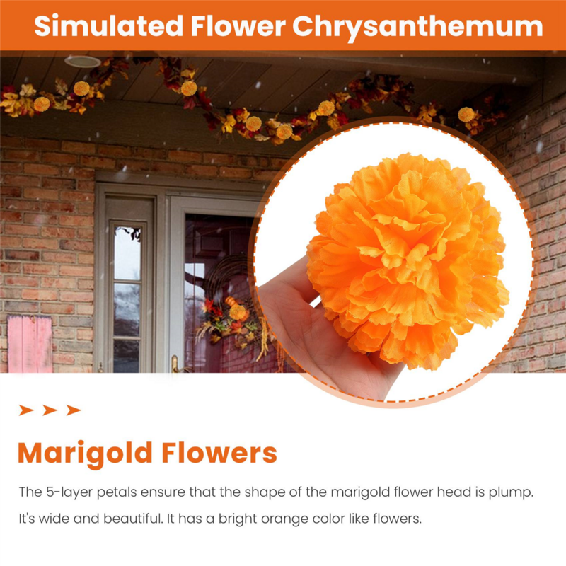 3.9inch Marigold Flowers Artificial Day of the Dead Flower 50Pcs Fake Marigold Flowers Head for Marigold Garland Making