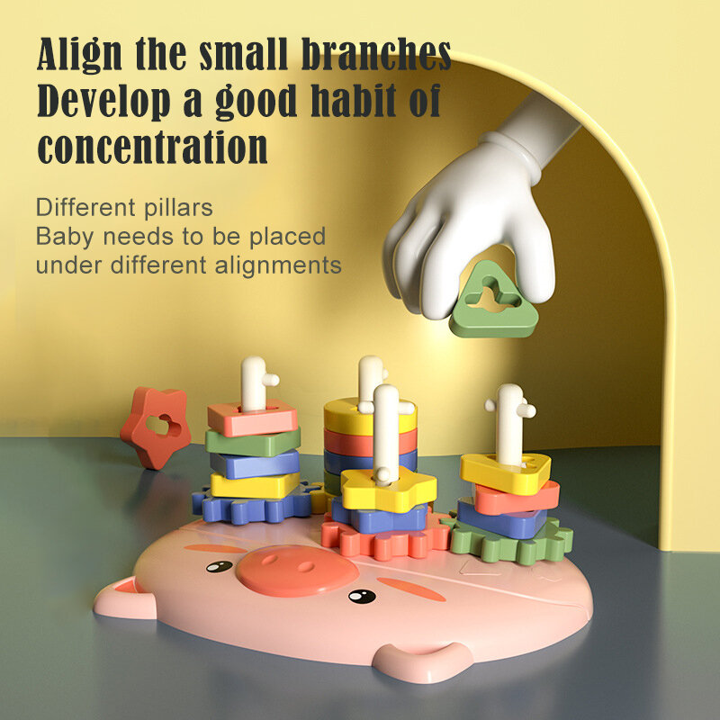Mainan Figur Geometris Kognisi Warna Interaksi Orang Tua Blok Tumpukan Kolom Lengan Gigi Edukasi Blok Bangunan Roda Gigi Anak Babi