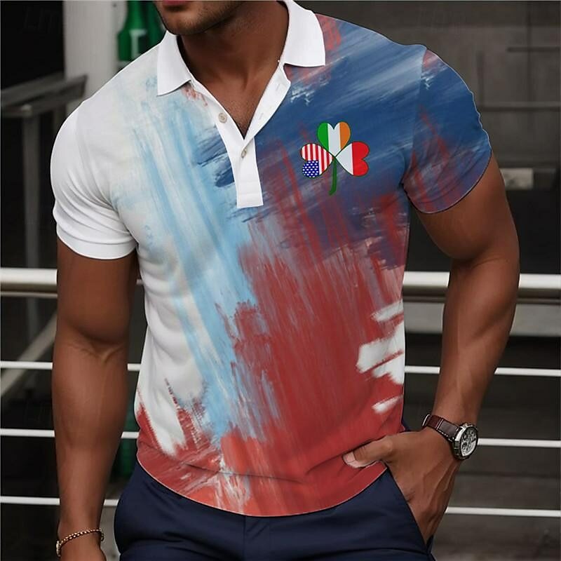Męska koszulka polo z gradientem 2024, nadruk 3d koniczyny, bluza golfowa z krótkim rękawem, ponadgabarytowa, modna, swobodna koszulka polo z guzikami dla mężczyzn