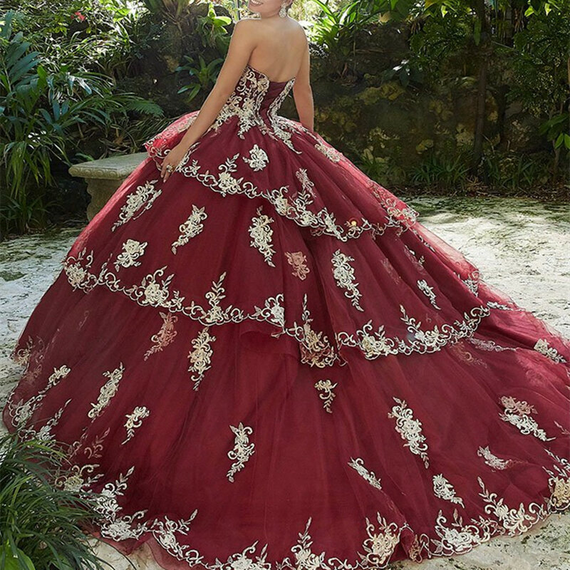 Cinnamon-Rose Custom Made Quinceanera Dresses Ball Gown Sweetheart Tulle Applique Tiered Sweet 16 Dresses