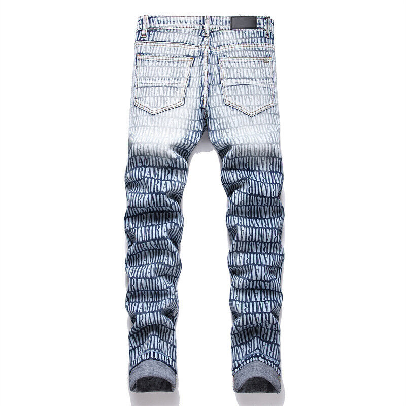 Celana jeans laser stereo pria, celana jeans elastis kaki ramping baru 2024