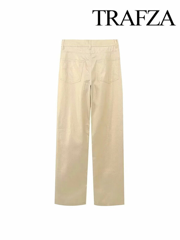 Женские свободные брюки TRAFZA с широкими штанинами, модные женские брюки цвета хаки на молнии с высокой талией и карманами, уличные брюки в стиле ретро на лето