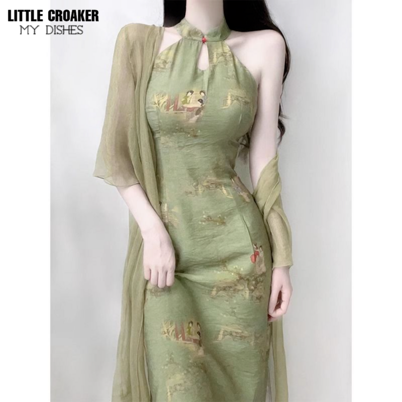 เสื้อผ้าสไตล์จีนสำหรับผู้หญิงสไตล์โบราณกี่เพ้าปรับปรุงใหม่สำหรับเด็กผู้หญิงเสื้อคอสูงสีเขียวฤดูร้อน