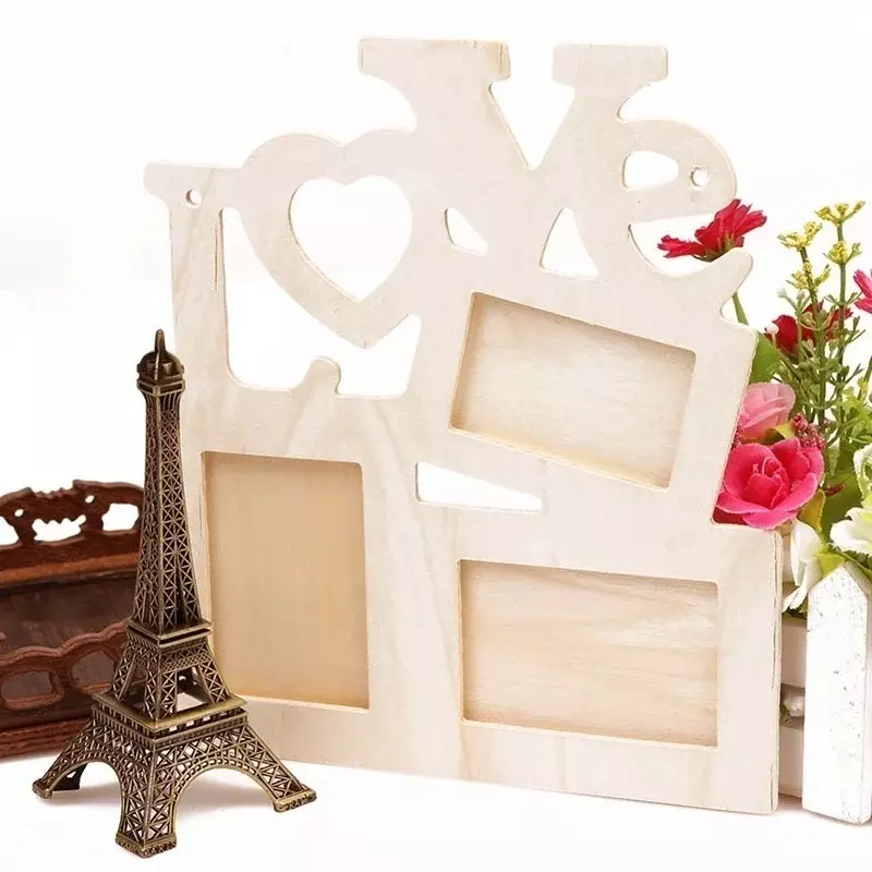 Bingkai foto kayu cinta berongga tahan lama DIY baru dekorasi rumah