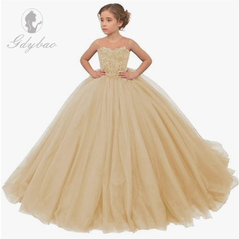 Tiulowa kwiecista sukienka dziewczęca na ślub koronkowa aplikacja księżniczka bez rękawów suknie na konkurs piękności długa suknia balowa