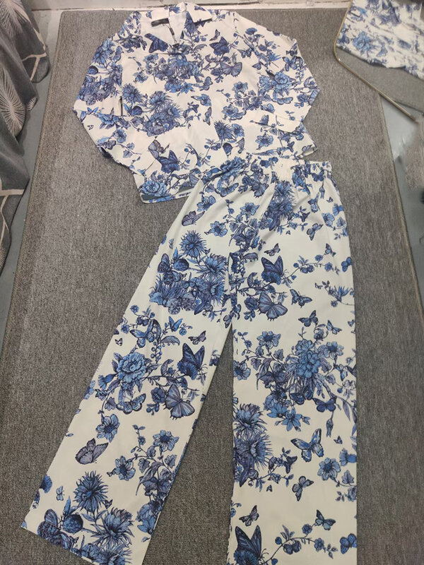 Nadruk w stylu Vintage dwuczęściowa piżama z luźna koronka klapami 2024 letnie nowe damskie spodnie z szerokimi nogawkami z wysokim stanem modny zestaw