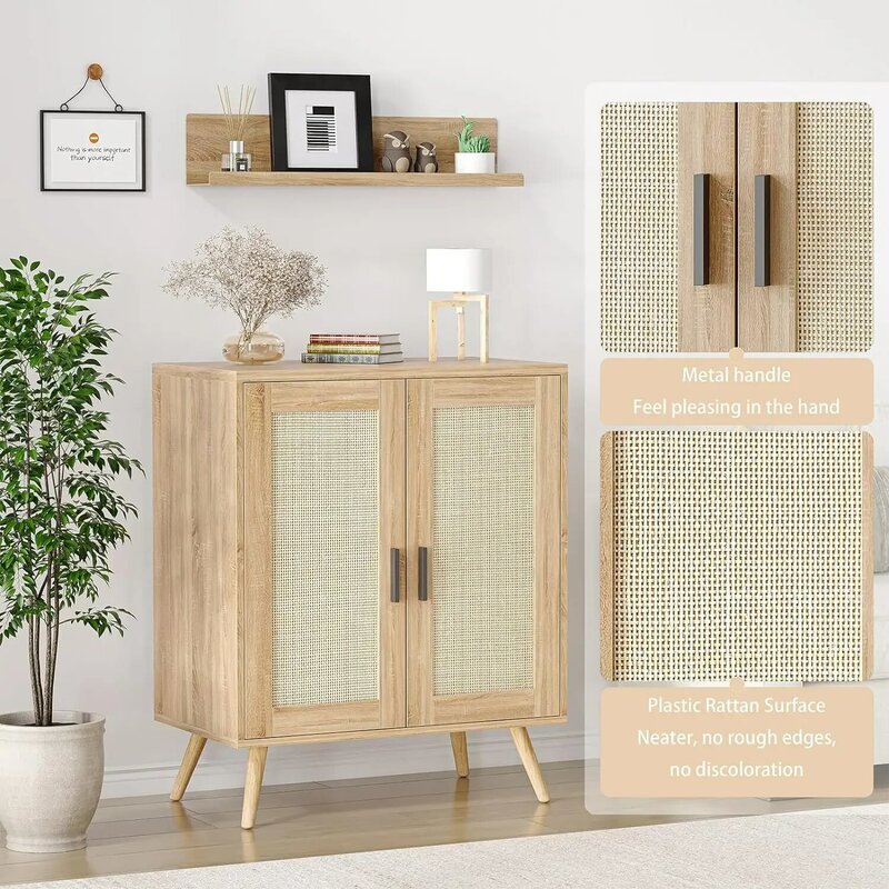 Кухонный шкаф-буфет с декоративными дверями из ротанга и ножками из массива дерева для прихожей, гостиной, натуральный