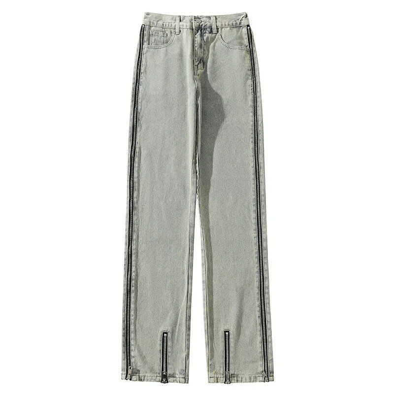Open Side Zippers High Street Jeans Men Street Straight Slim Denim Pants Vintage Trend Trousers Foot Opening Male Bottoms