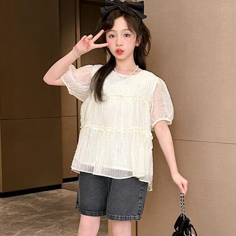 Girls Clothes Summer Kids Fashion Chiffon  Shirt + Denim Shorts Two Piece Set Short Sleeve Children Suit Teenager Girl Outfits