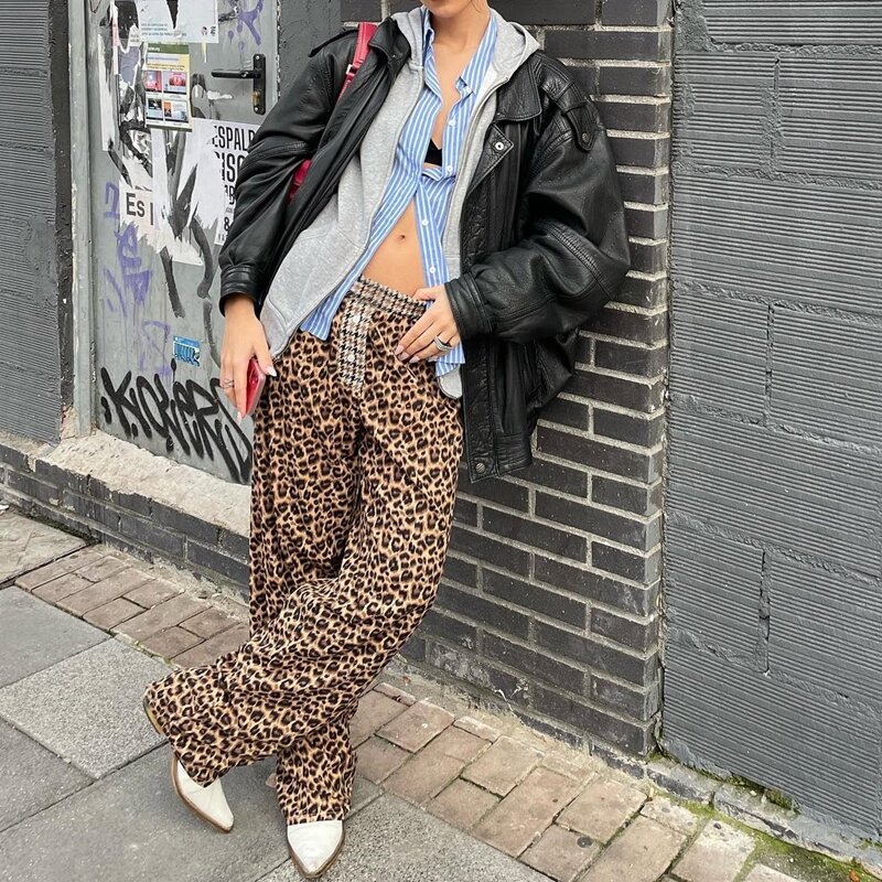 Длинные брюки Maemukilabe с леопардовым принтом и высокой талией, винтажные брюки-бойфренды Y2K, уличная одежда в стиле ретро, шикарные женские брюки с широкими штанинами