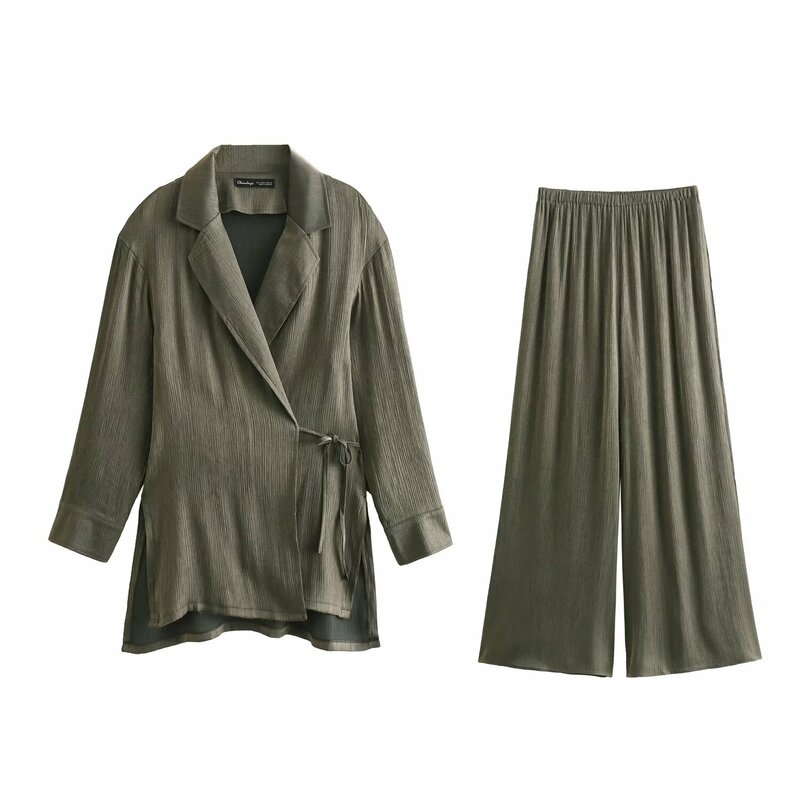 TRAFZA-Blazers de peito duplo e calças largas com cintura elástica para mulheres, roupas de senhora do escritório, conjuntos casuais elegantes, verão, 2022