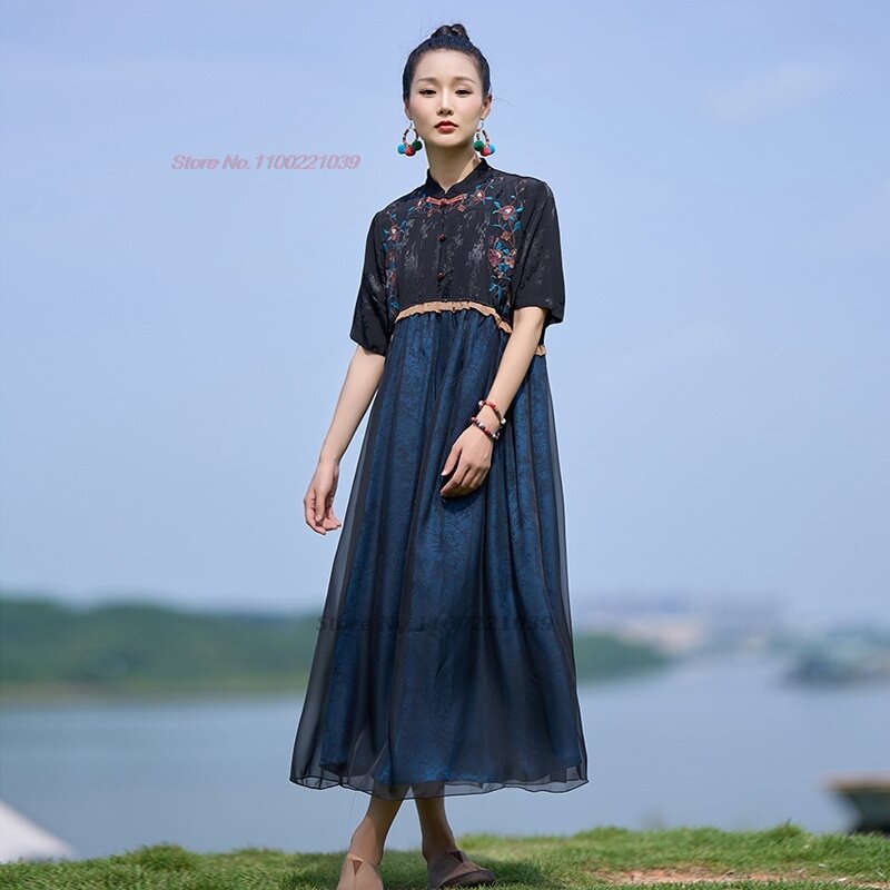 Vestido vintage chino tradicional, bordado nacional de flores, hanfu, vestido de retazos de satén retro, vestido oriental de línea A, 2024