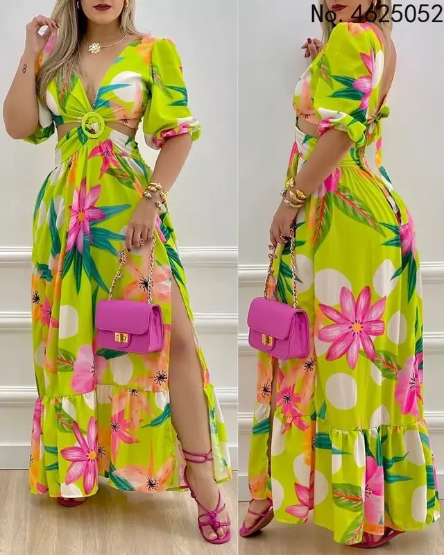 Gaun Afrika 2023 untuk wanita gaun Maxi panjang musim panas leher-v gaun lengan pendek motif mode seksi pakaian Afrika