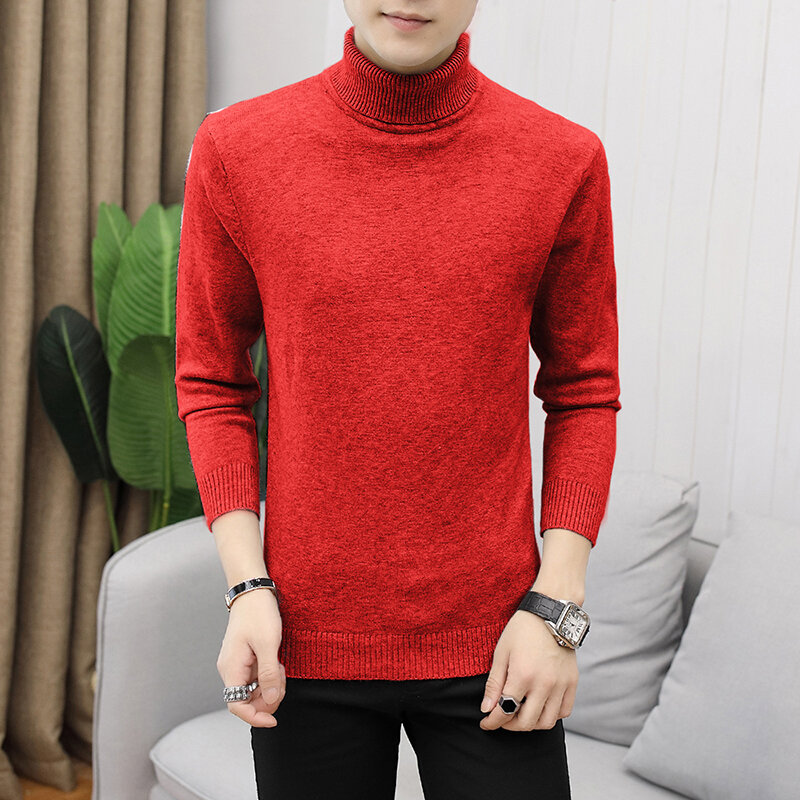 Sweter Pullover Pria Baru Kaus Turtleneck Warna Solid Atasan Hangat Tebal Pas Badan