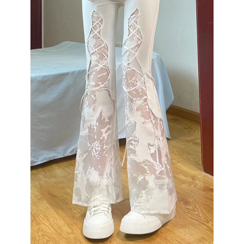 High Waist Hot Girl Fashionable Sweet Pants Women's Summer 2024 New Lace Stitching Irregular Slightly Flared Casual Trousers