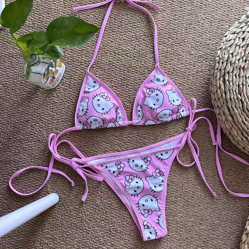 2Pcs Sanrio Hello Kitty Bikini Sets Women Y2K Summer Cartoon Anime Beach Underwear Panties Sexy Hot Girl Kawaii Swimsuit Bra New