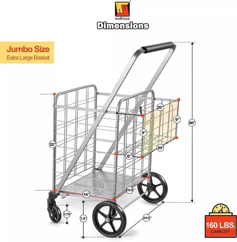 Wellmax Shopping Cart, Metal Grocery Carts For Groceries, Folding Cart For Convenient Storage And Holds Up To 160lbs