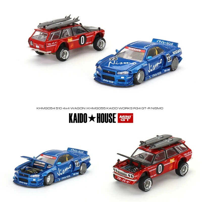 MINI GT In Stock 1:64 Kaido House GTR R34 510 Wagon Rally Hood Opened Diecast Diorama Car Model Collection Miniature Carros Toys