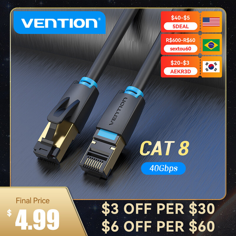 Vention-Cat8 Cabo Ethernet, Patch Cord para Roteador, Internet Modem, STTP, 40Gbps, 2000MHz, Cat 8, RJ45, RJ 45