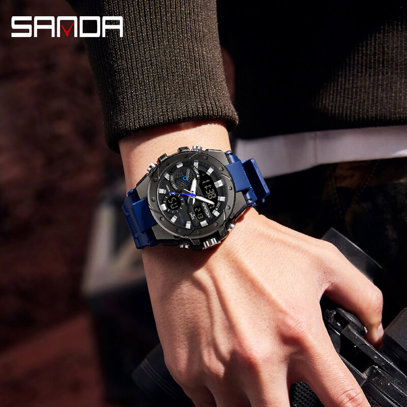 SANDA 3313 학생 패션 트렌드 밀리터리 스타일 남성용 다기능 야외 방수 전자 시계, 디지털 손목시계