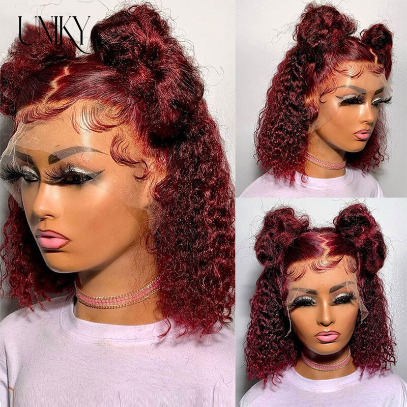 99J Red Colored Kinky Curly Wig Human Hair 13x4 Burgundy Black Short Bob Lace Front Human Hair Wigs For Women Short Deep Curly