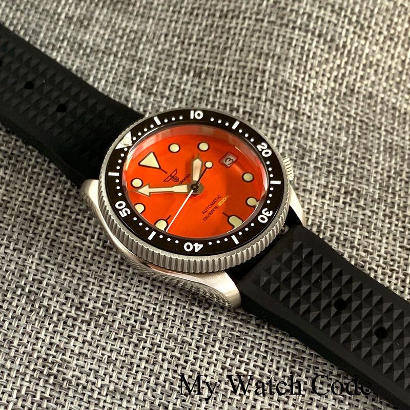 Relógio mecânico de aço impermeável para homens, relógio de pulso para mergulhador, laranja dourado, relógio, waffle band, 3.8 coroa, mod 200m, 37mm, SKX013