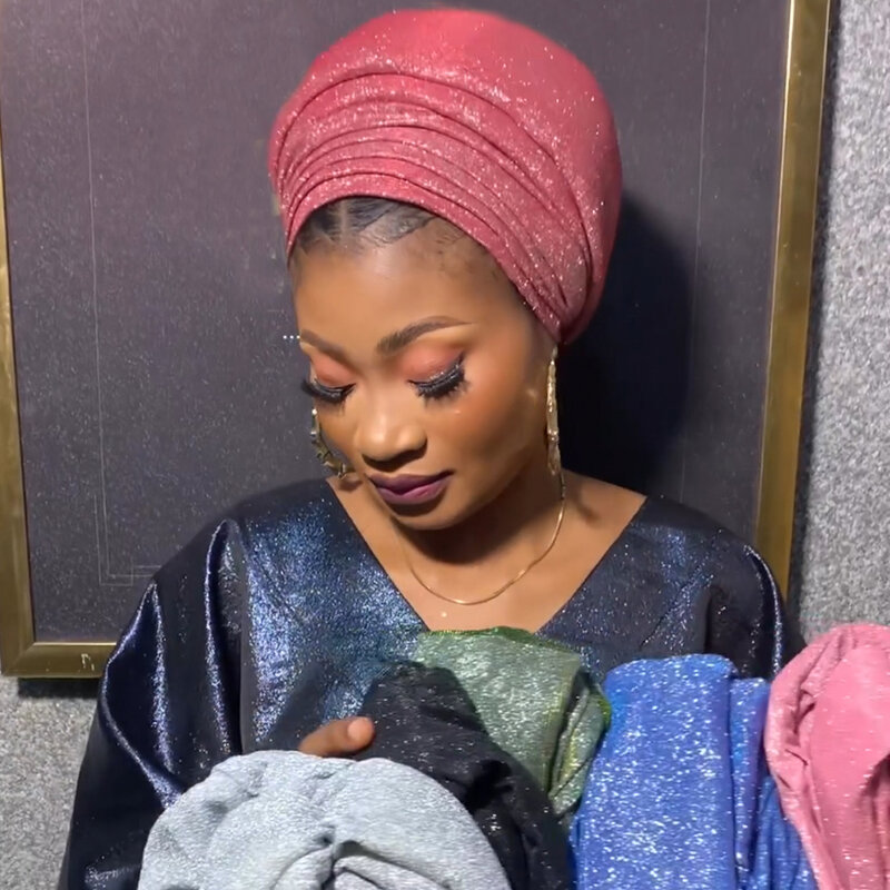 Turbante plisado con purpurina para mujer, elegante pañuelo para la cabeza, para fiesta nigeriana, 2023
