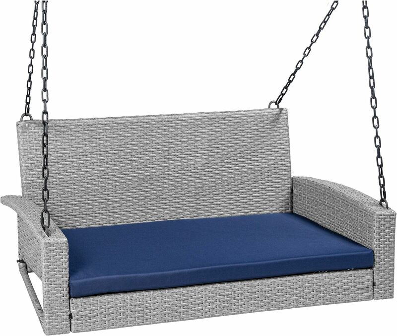 Woven Wicker Outdoor Porch Swing, Hanging Patio Bench for Deck, Garden w/Mounting Chains, Seat Cushion