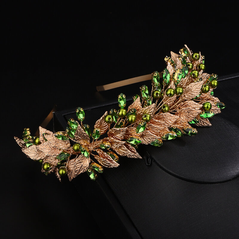 Aksesori rambut wanita, mahkota pengantin hijau berlian imitasi daun untuk pesta emas Tiara trendi