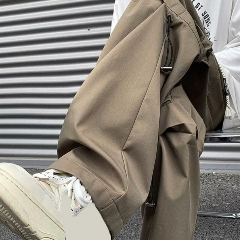 Pantalones de cintura con cordón para hombre, pantalón informal, estilo callejero, Cargo, pierna ancha, múltiples bolsillos, sólido, diario