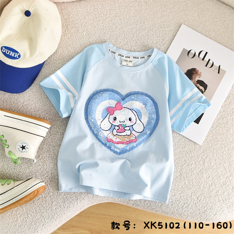 T-shirt anime dos desenhos animados infantis, tops de manga curta, presente menina respirável, Sanrio Hello Kitty Mymelody Kuromi Cinnamoroll, verão