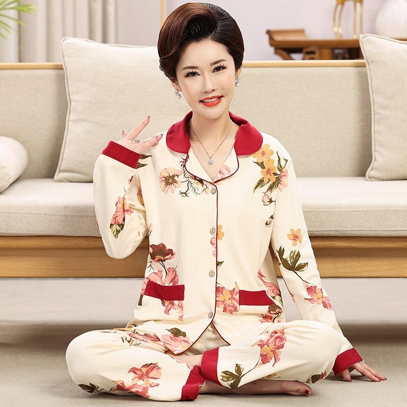 Pijama de algodão puro feminino, camisola manga longa, pijamas finos, plus size, monocromático, de meia idade e idosos, primavera e outono