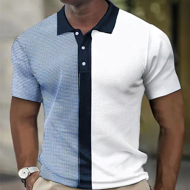 Camisas polo masculinas casuais com retalhos coloridos, gola virada para baixo, blusa de botão, blusa de manga curta, camiseta de verão, nova