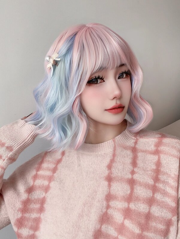 Perucas sintéticas com Franja para mulheres, cor Lolita azul e rosa, cabelo curto ondulado natural, cosplay, resistente ao calor, 12 pol