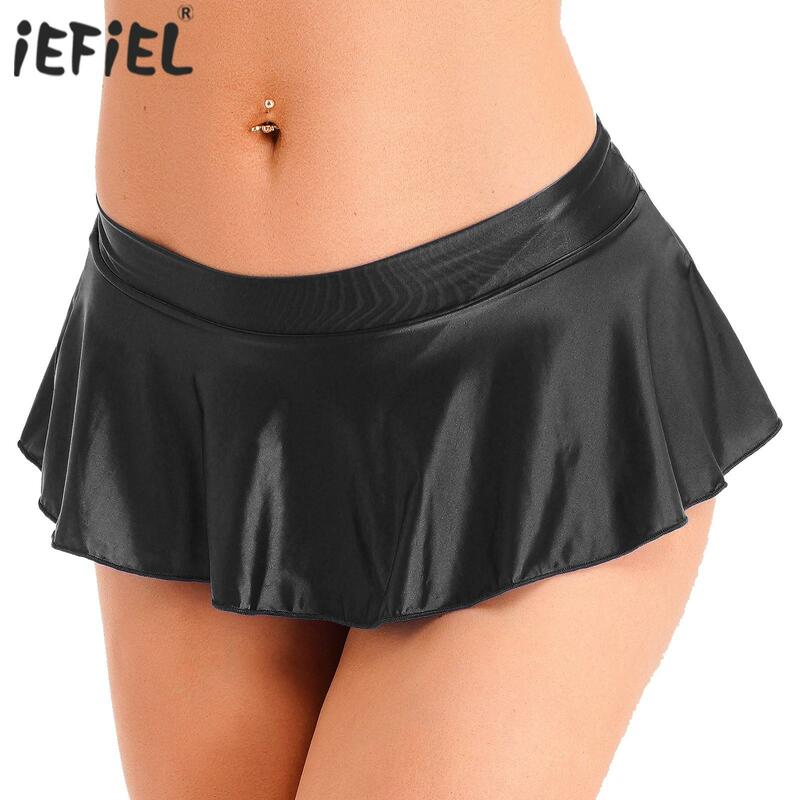 Womens Glossy Ruffled Skirt Solid Color Low Rise Miniskirt Nightwear Pool Party Beach Bikini Bottoms Cover Ups