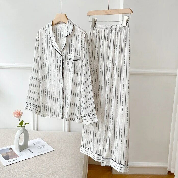 Комплект пижамный женский атласный с длинным рукавом, комплект для сна в полоску, повседневная одежда для сна, домашняя одежда, интимное нижнее белье, 2 шт.