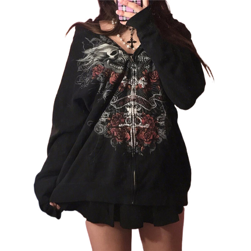 Camisola gótica de manga comprida feminina, grunge de fadas, estampa caveira, tops com capuz, capuz estético Y2K, roupas grandes, streetwear, anos 2000