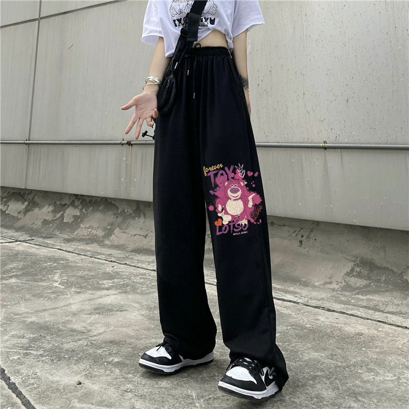 Autumn and Winter New Korean Cartoon Printing Casual Wide Leg Pants for Women with Velvet Insulation and Sports Leggings Trend