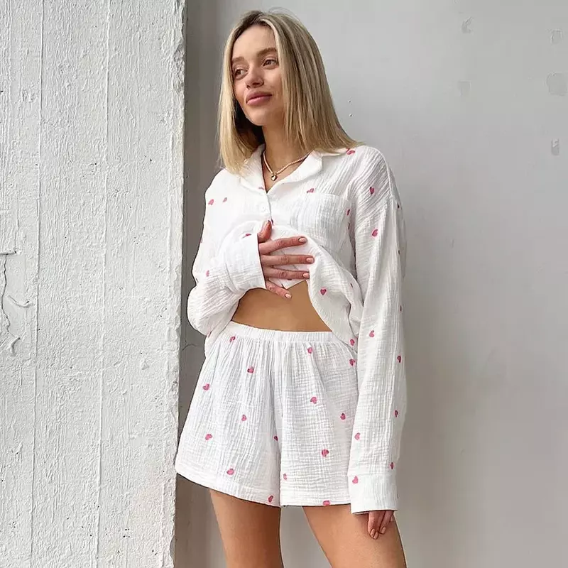2023 katun musim gugur mode cinta dicetak piyama dua potong Set kasual nyaman celana pendek lembut pakaian tidur rumah wanita