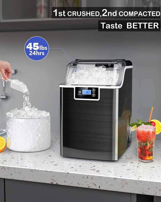 Kndko Nugget Ice Makers Countertop,45lbs/Day,Countertop Ice Maker Crushed Ice,24H Timer,3.3 Pounds Basket,Self Cleaning Ice Make