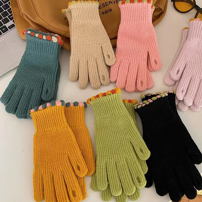 Guantes de punto de lana con dedos completos para hombre y mujer, manoplas cálidas y flexibles para pantalla táctil, Unisex, para invierno